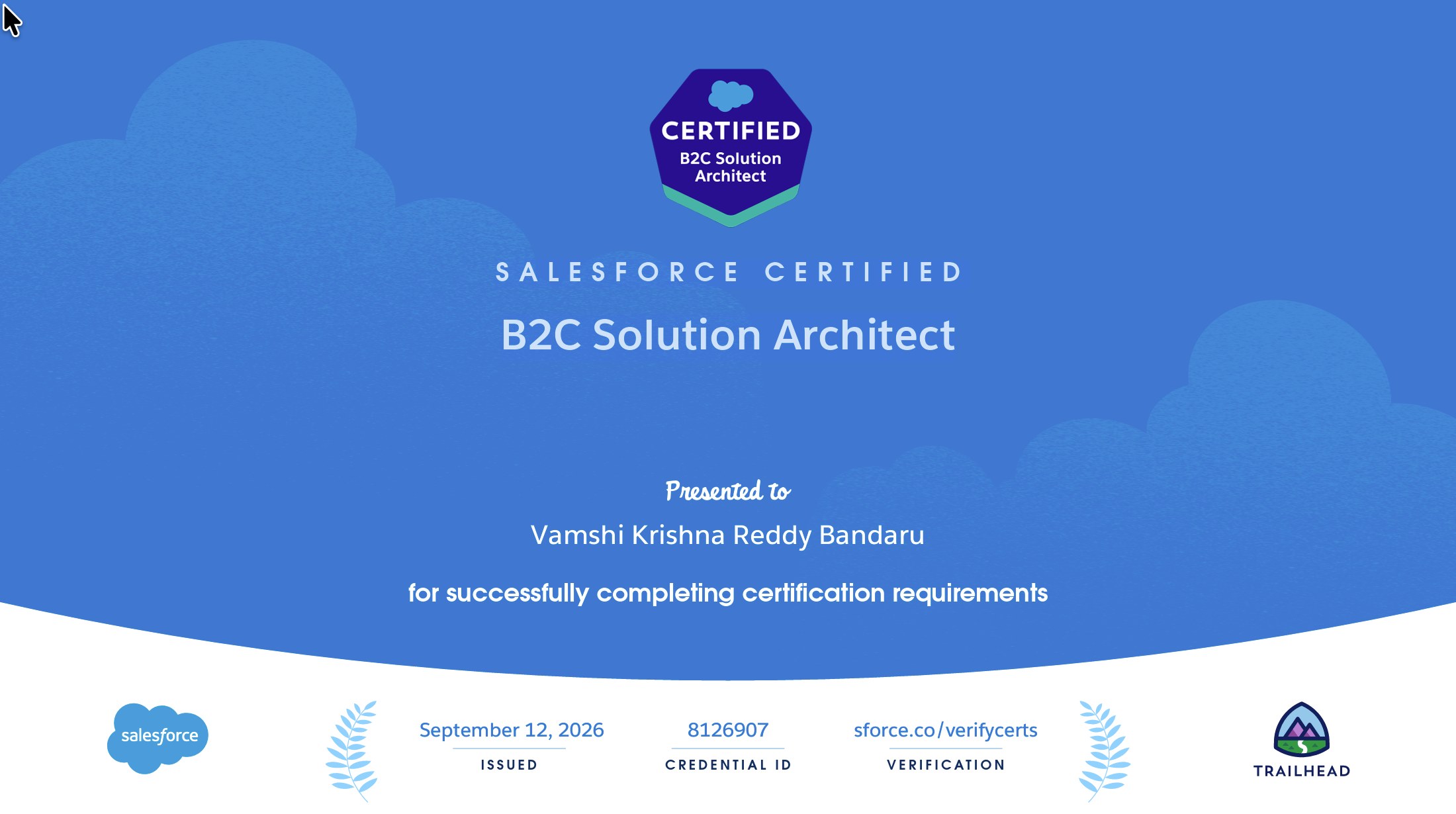 Salesforce Certified B2C Solution Architect certificate presented to Vamshi Krishna Reddy Bandaru, issued September 12, 2026, credential ID 8126907