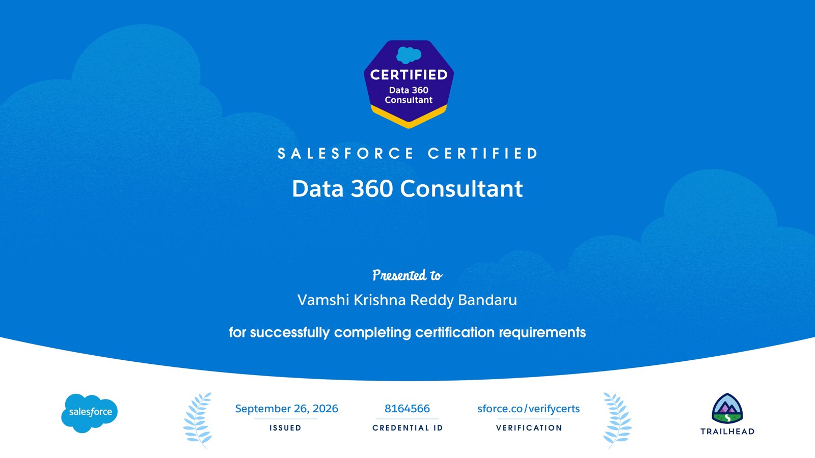 Salesforce Certified Data 360 Consultant certificate presented to Vamshi Krishna Reddy Bandaru, issued September 26, 2026, credential ID 8164566